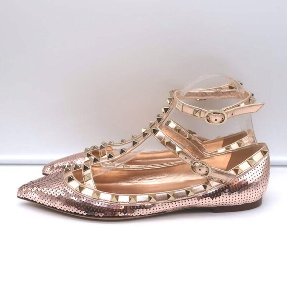 Valentino Sequin Rockstud Caged Ballet Flats Metallic Rose Gold Size 39 NEW - Picture 5 of 11